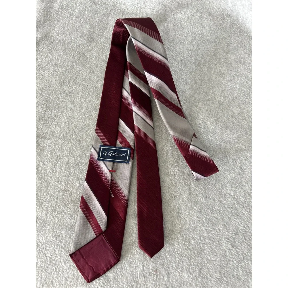 G Galvani Mens Silk Tie Burgundy Red Silver‎ White Striped Formal Necktie